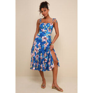 Lulus Tea Party Chic Blue Floral Print Tie-strap Tiered Midi Dress - Size XL